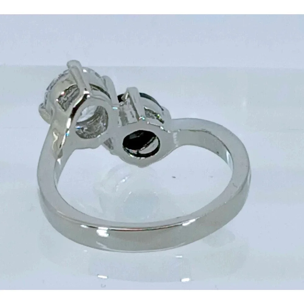 Vintage 90s Bypass Ring Black Clear CZ 2ctw Silver Tone Toi et Moi Ring Size 9